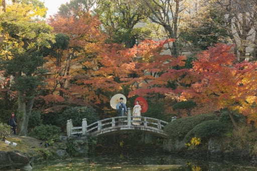 紅葉の橋の上で！