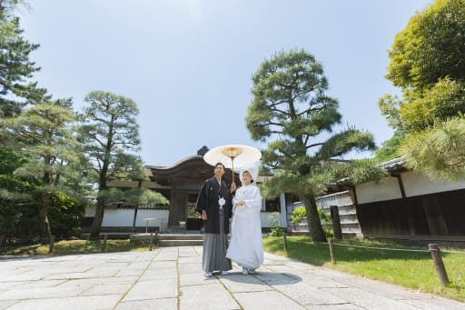   青空の下、和傘を広げて