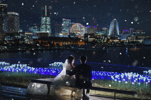 大桟橋の締めはみなとみらいの景色を眺めるお二人の後ろ姿を撮影♪ こちらも雪の演出を追加して、さらにロマンチックに＾＾