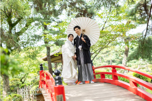 橋の上で番傘を持って