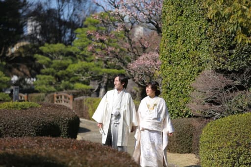 梅の花咲く日本庭園で