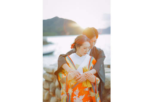 夕日をバックに