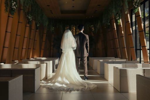 バージンロードに並ぶ後ろ姿