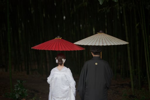 雨の竹林に和傘が映える風情ある後ろ姿