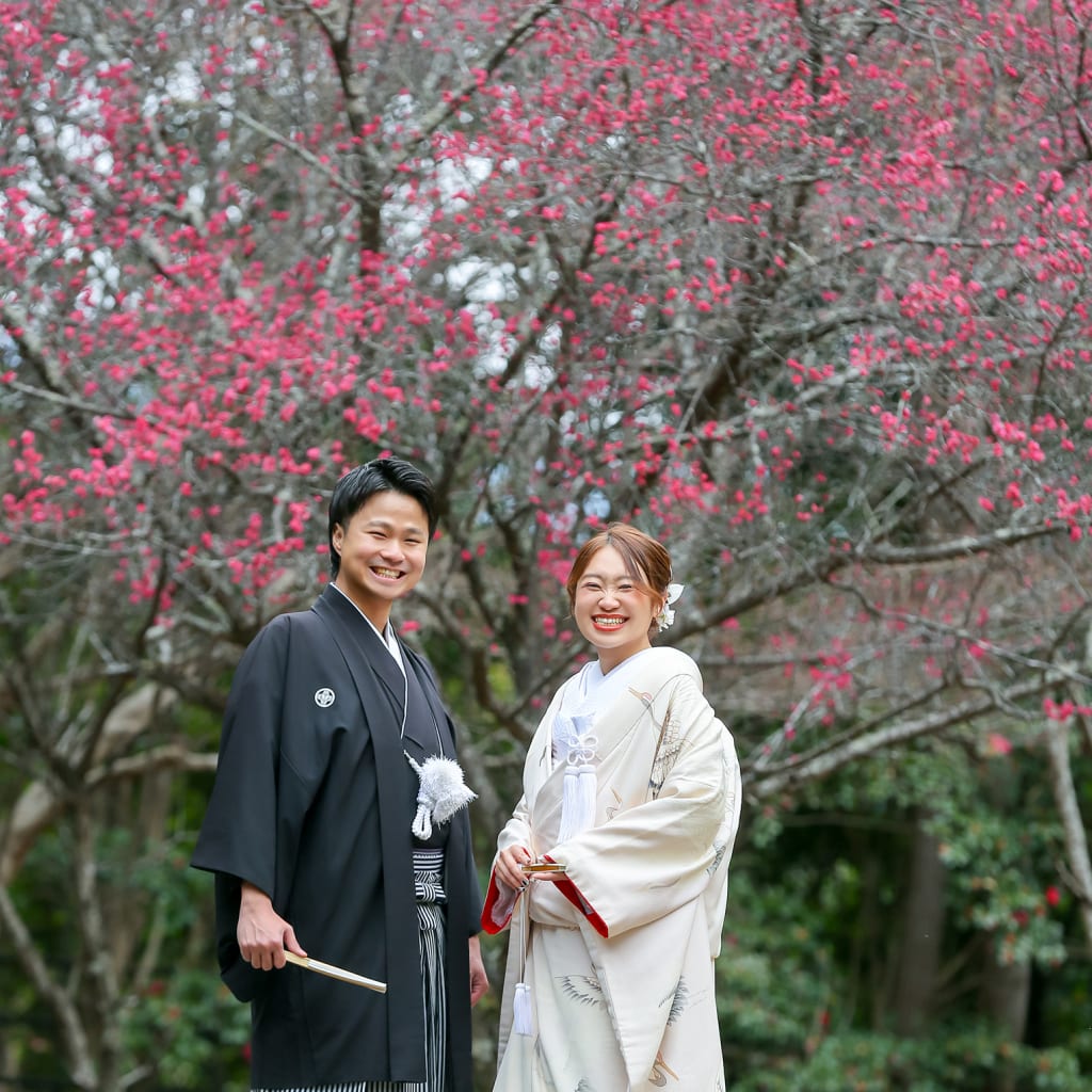 嵐山で梅の花の和装フォトウェディング