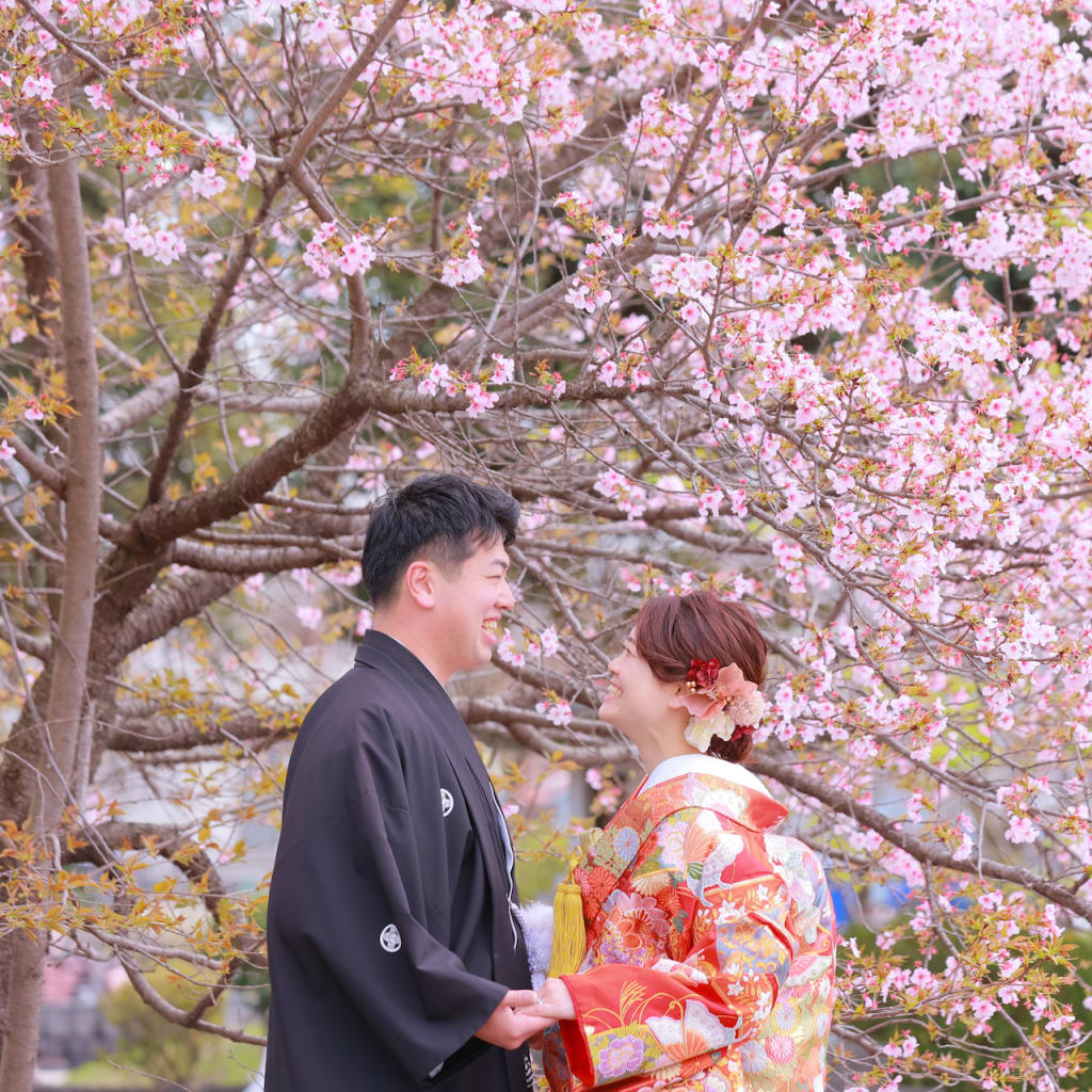 今が見頃の桜と一緒に | デコルテフォトグラフィー | 前撮り・フォトウェディング