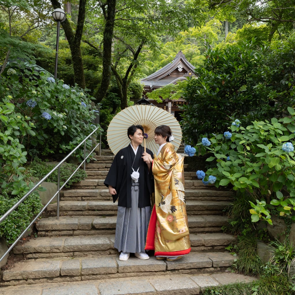 高幡不動尊の紫陽花+洋装ハウススタジオ | デコルテフォトグラフィー | 前撮り・フォトウェディング