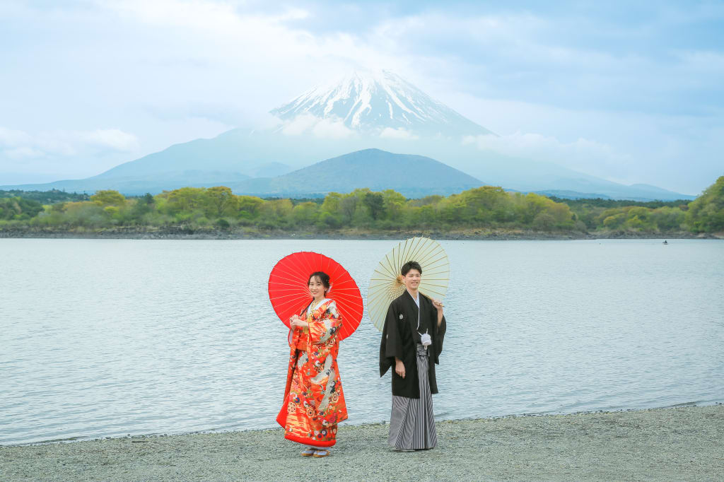 春の富士山和装、八重桜と富士山