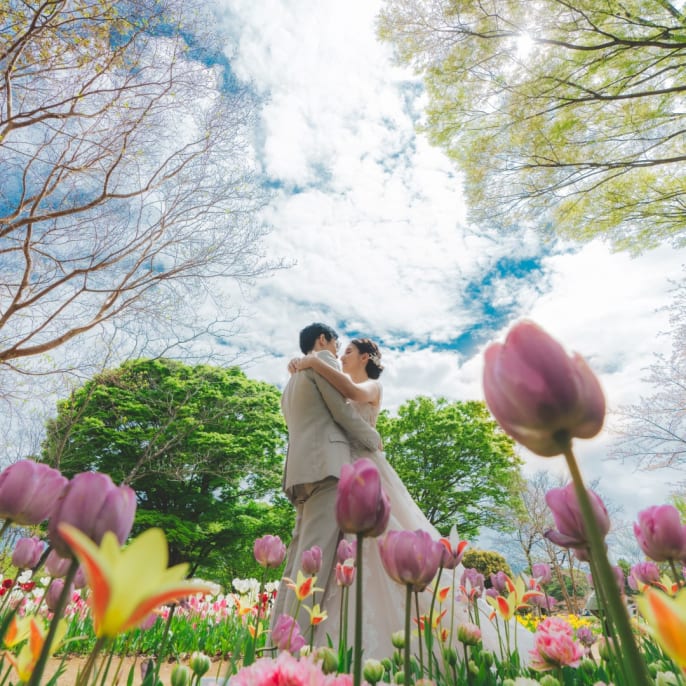 春を感じる公園で 色とりどりのお花に囲まれて