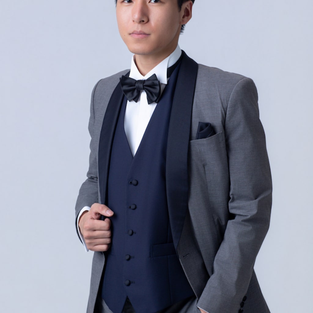 グレー濃紺ショールカラー