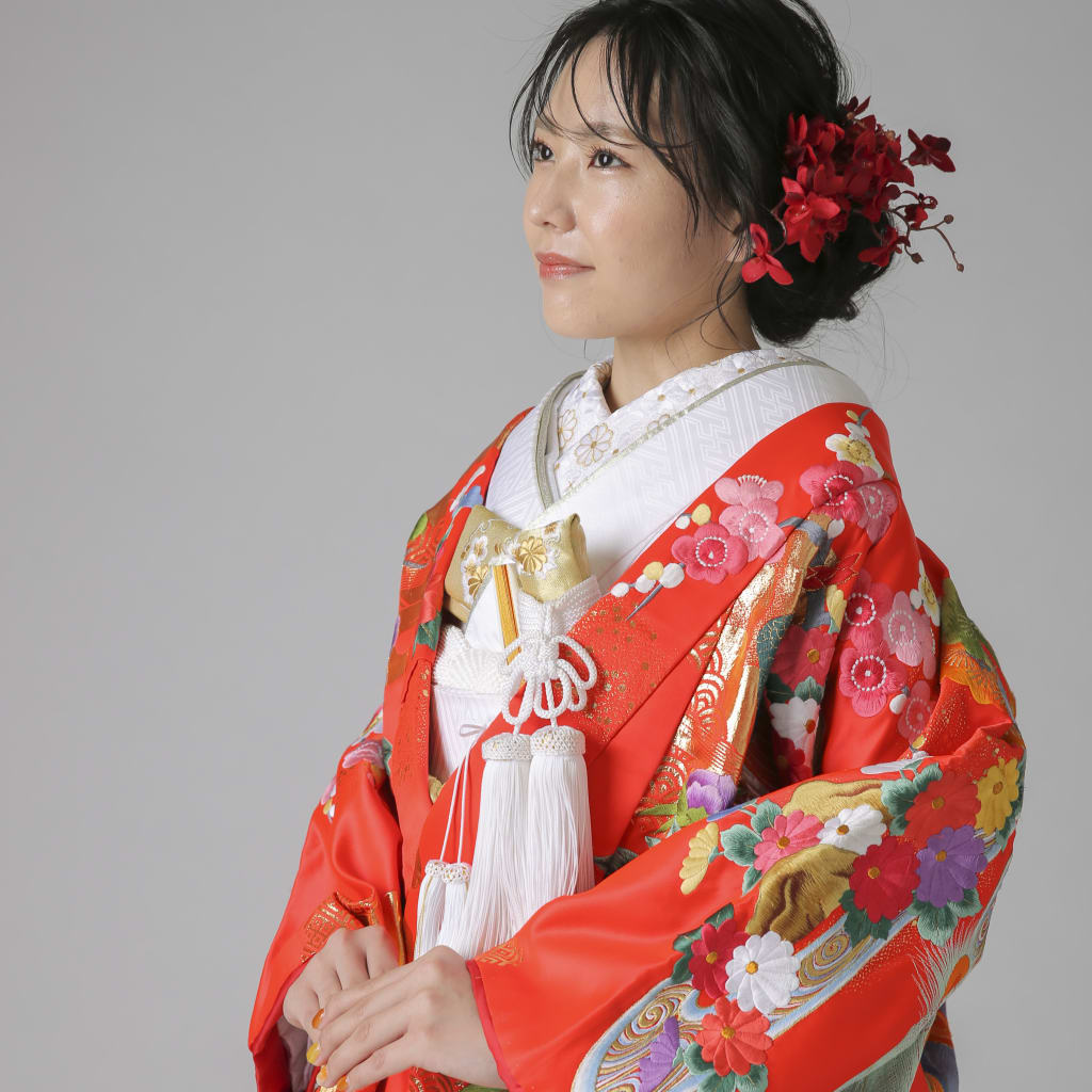 色打掛 赤地ブルー染め分け 鶴 267 朱赤・鶴・ブルー花柄