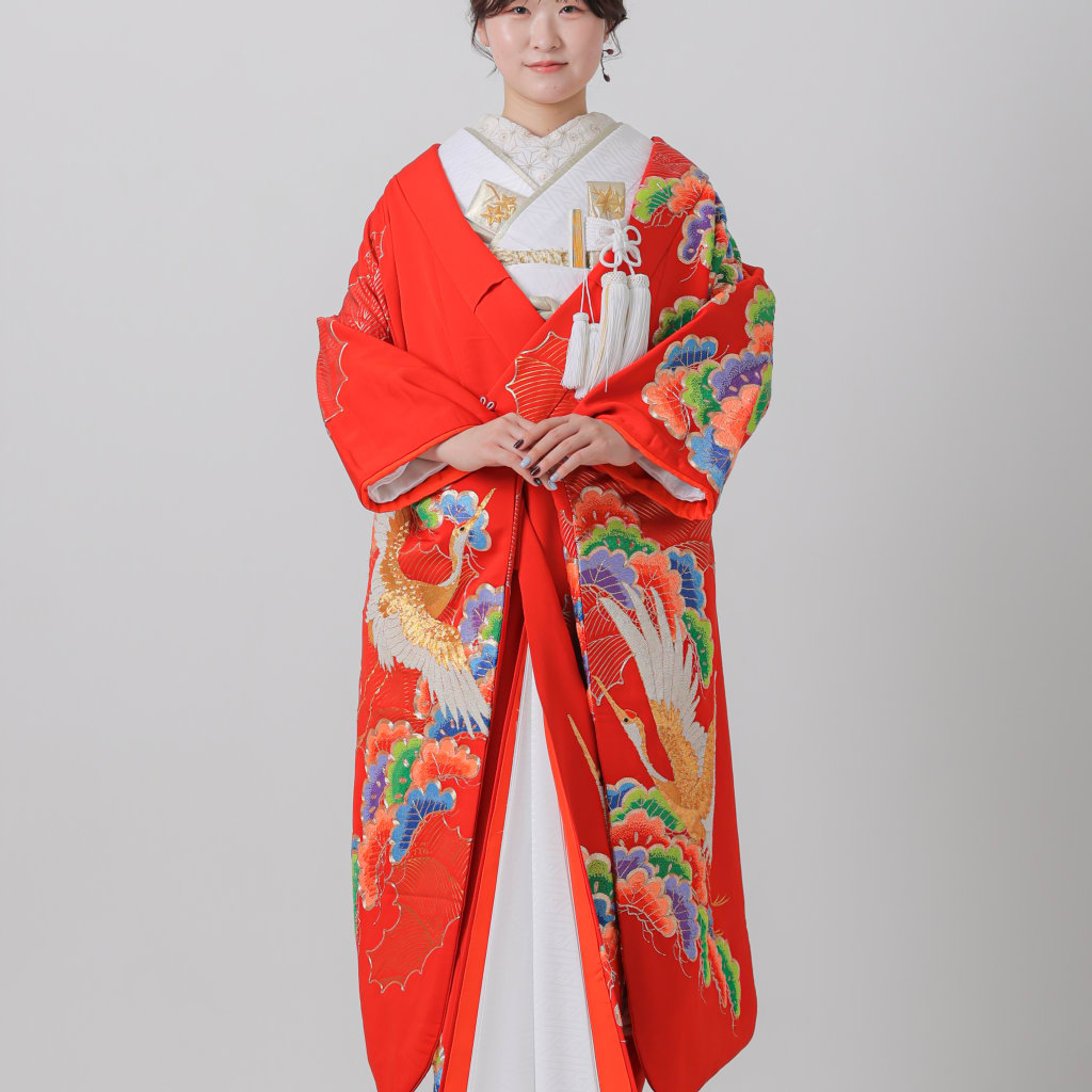 相良刺繍　松　鶴　青海波/レッド