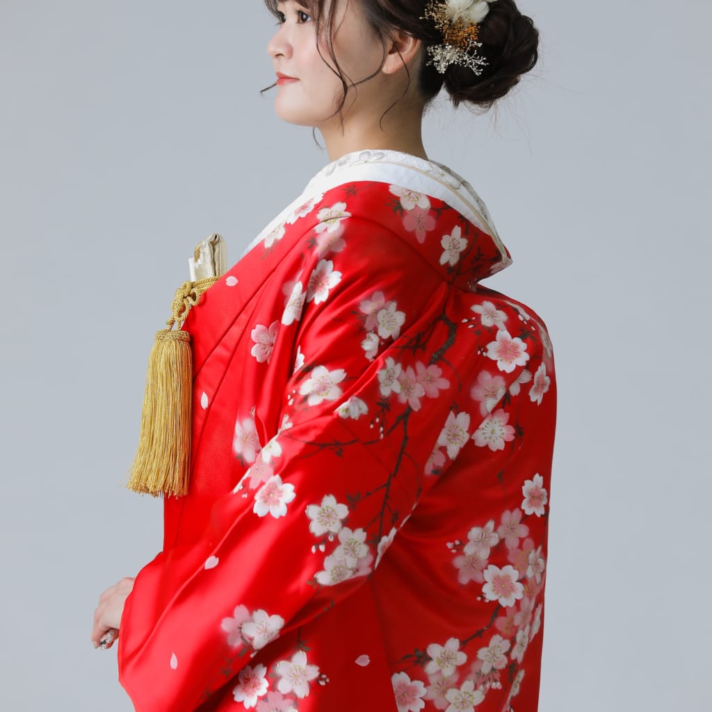 赤　桜に鶴　裾に緑