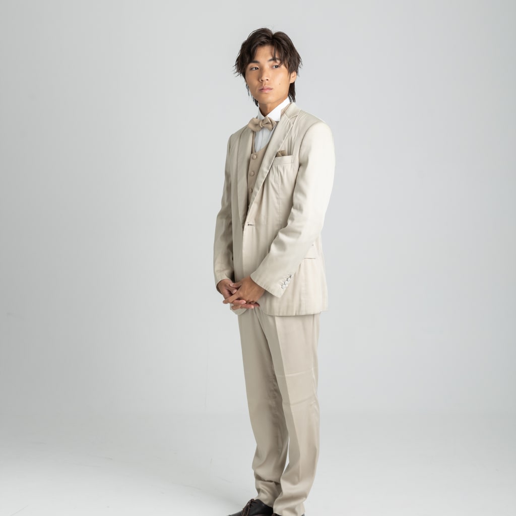 ノッチドラペル丸首ベストタキシード/ベージュ