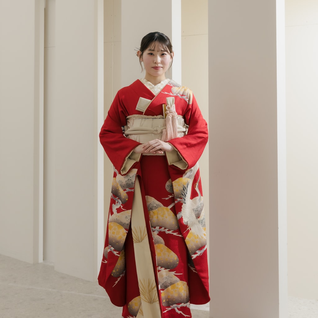 松　鶴　赤　振袖　フルセット　花嫁 結婚式の大振袖・引き振袖・花嫁用振袖|赤地に松と鶴刺繍 No.125