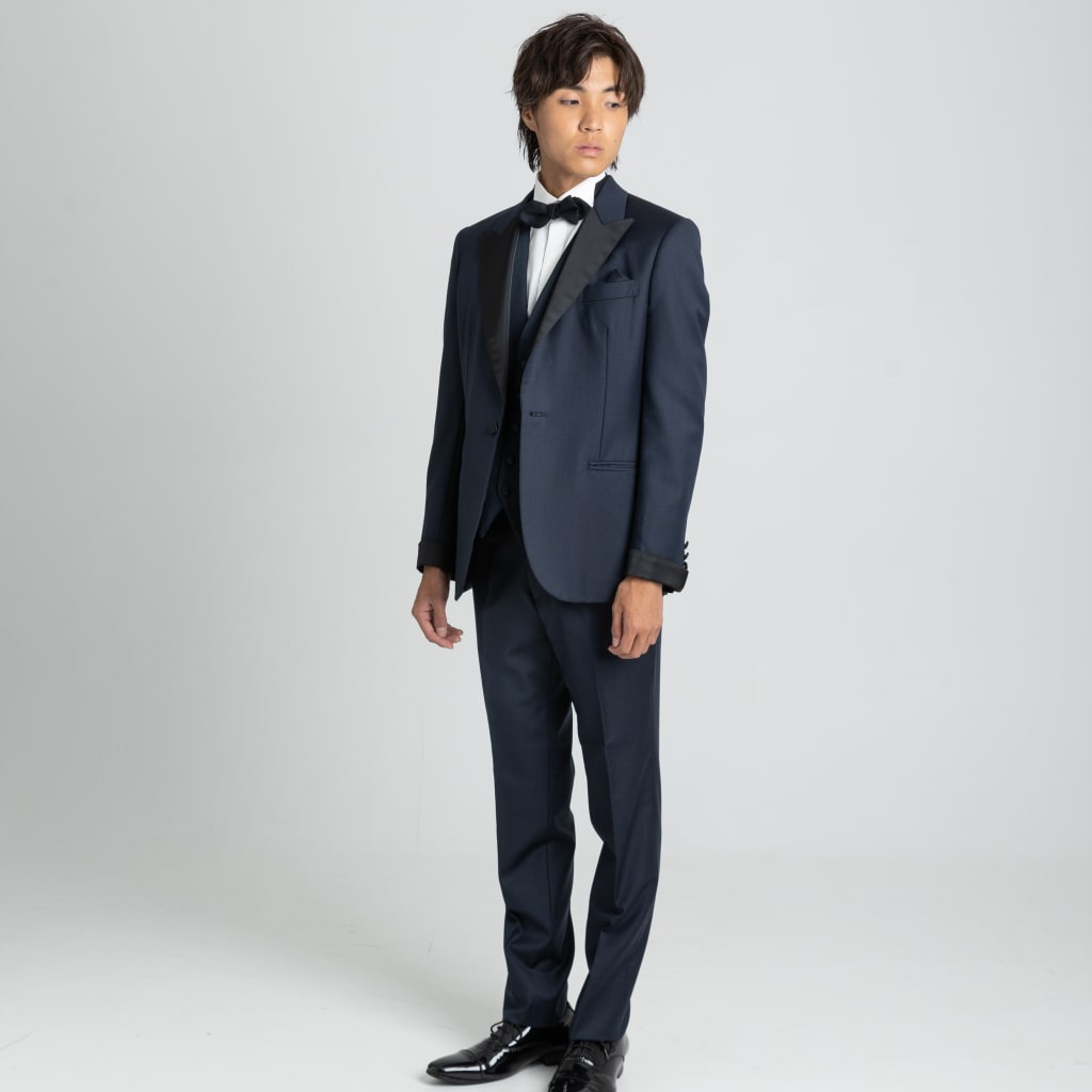 サテンピークドラペル折返し袖タキシード/ネイビー