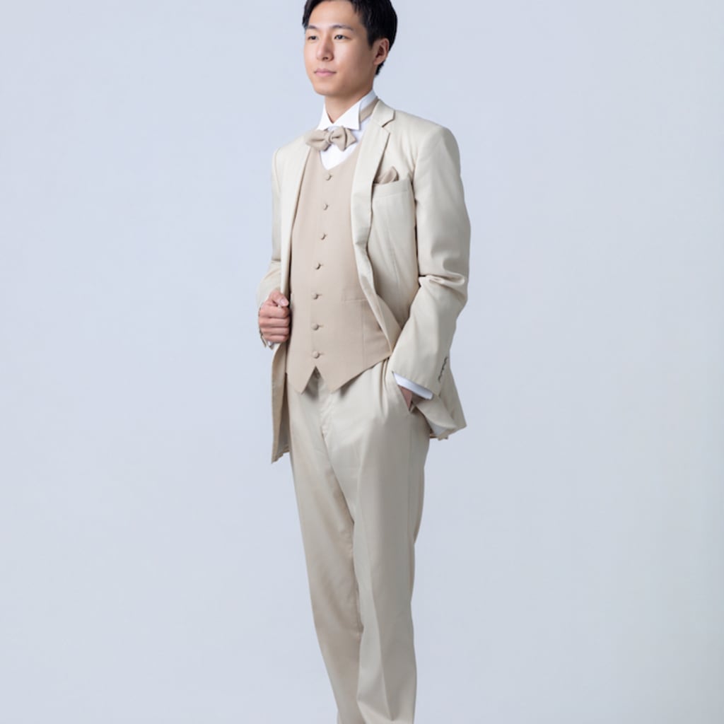 ノッチドラペル丸首ベストタキシード/ベージュ