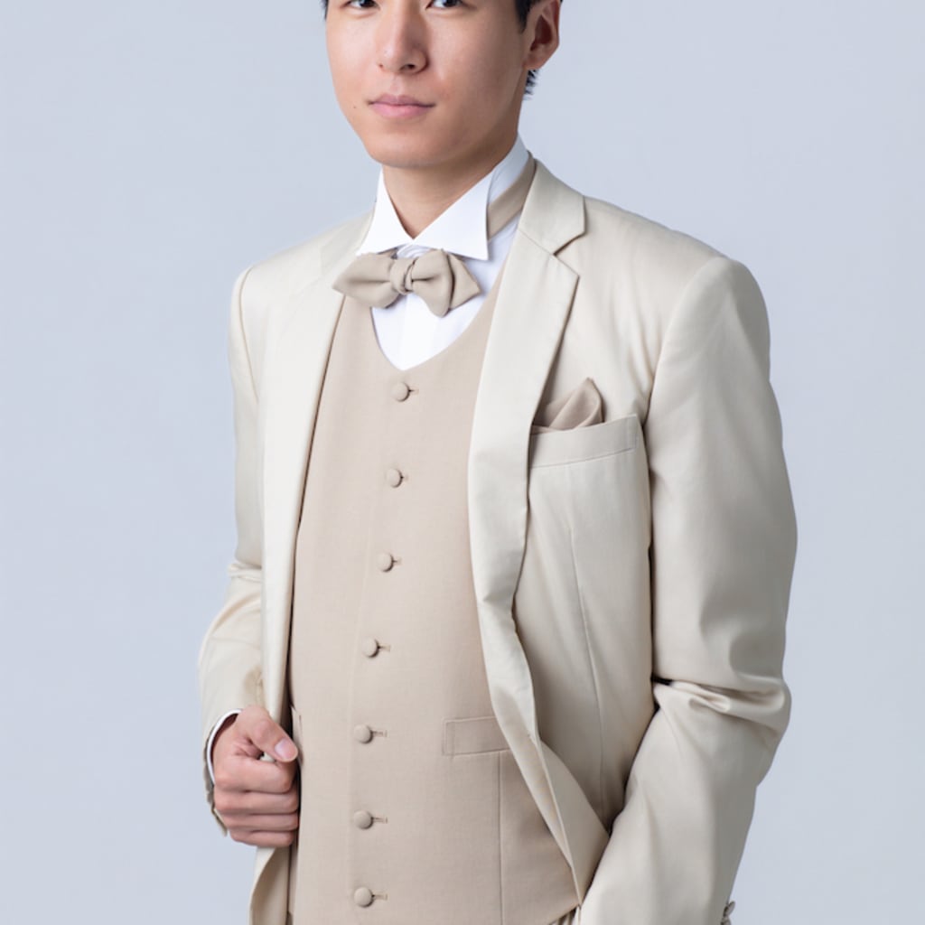 ノッチドラペル丸首ベストタキシード/ベージュ