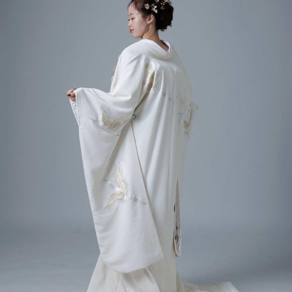 鶴刺繍　ちりめん/アイボリー