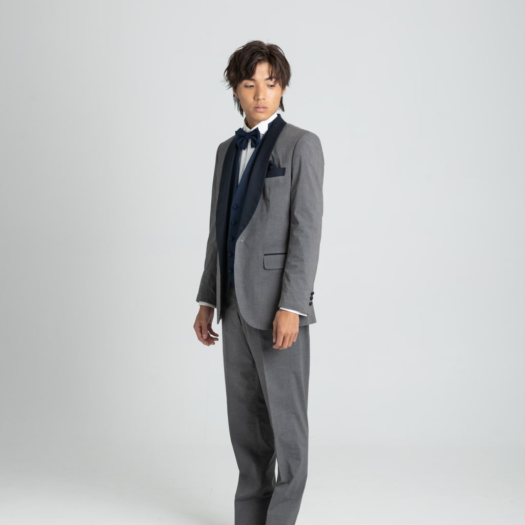 グレー濃紺ショールカラー