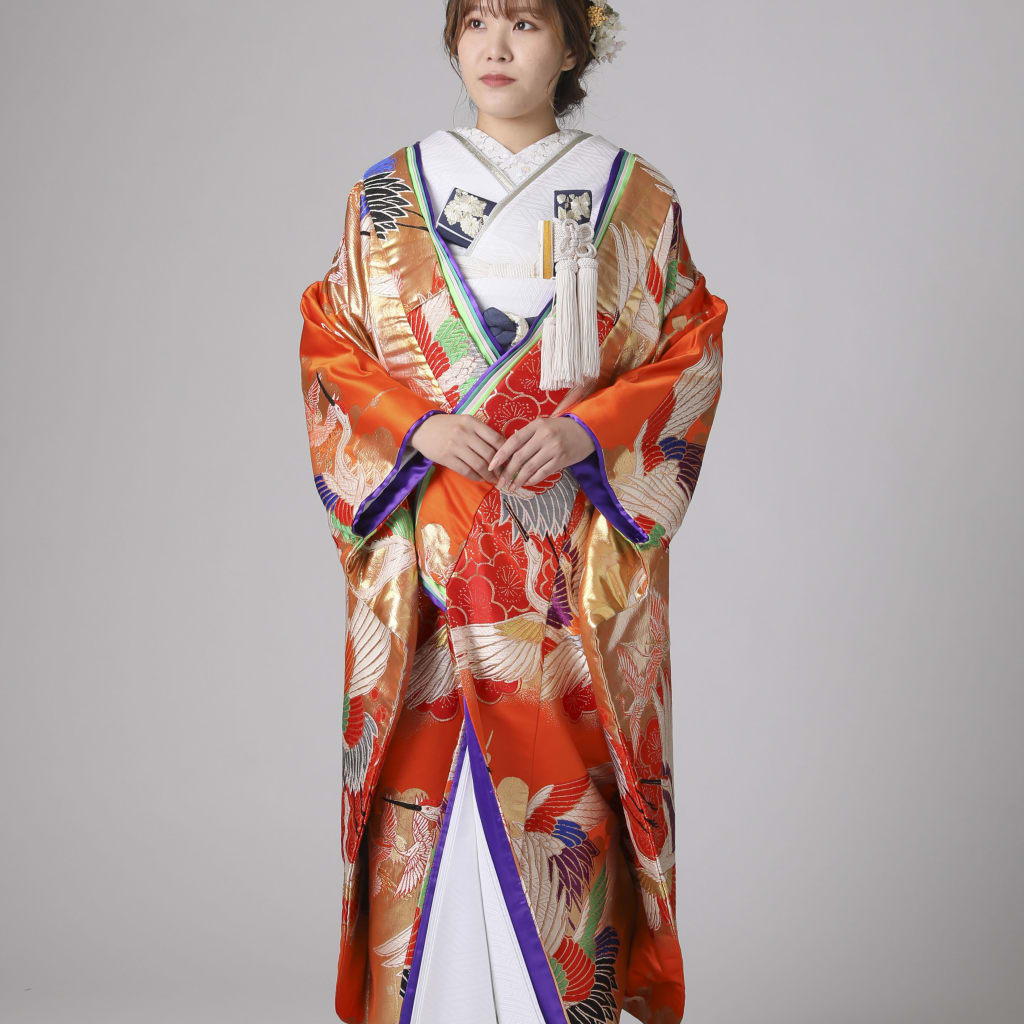 色打掛 川島織　鶴模様 オレンジ 色打掛 川島織 鶴模様 オレンジ 色打掛・流水鶴｜白無垢・