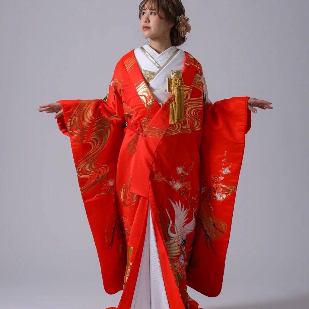 鶴　流水　花扇　松/朱赤
