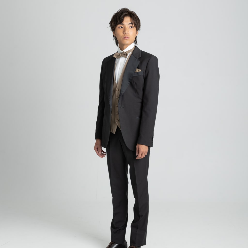 サテンノッチドラペルブラウンベスト/チャコール