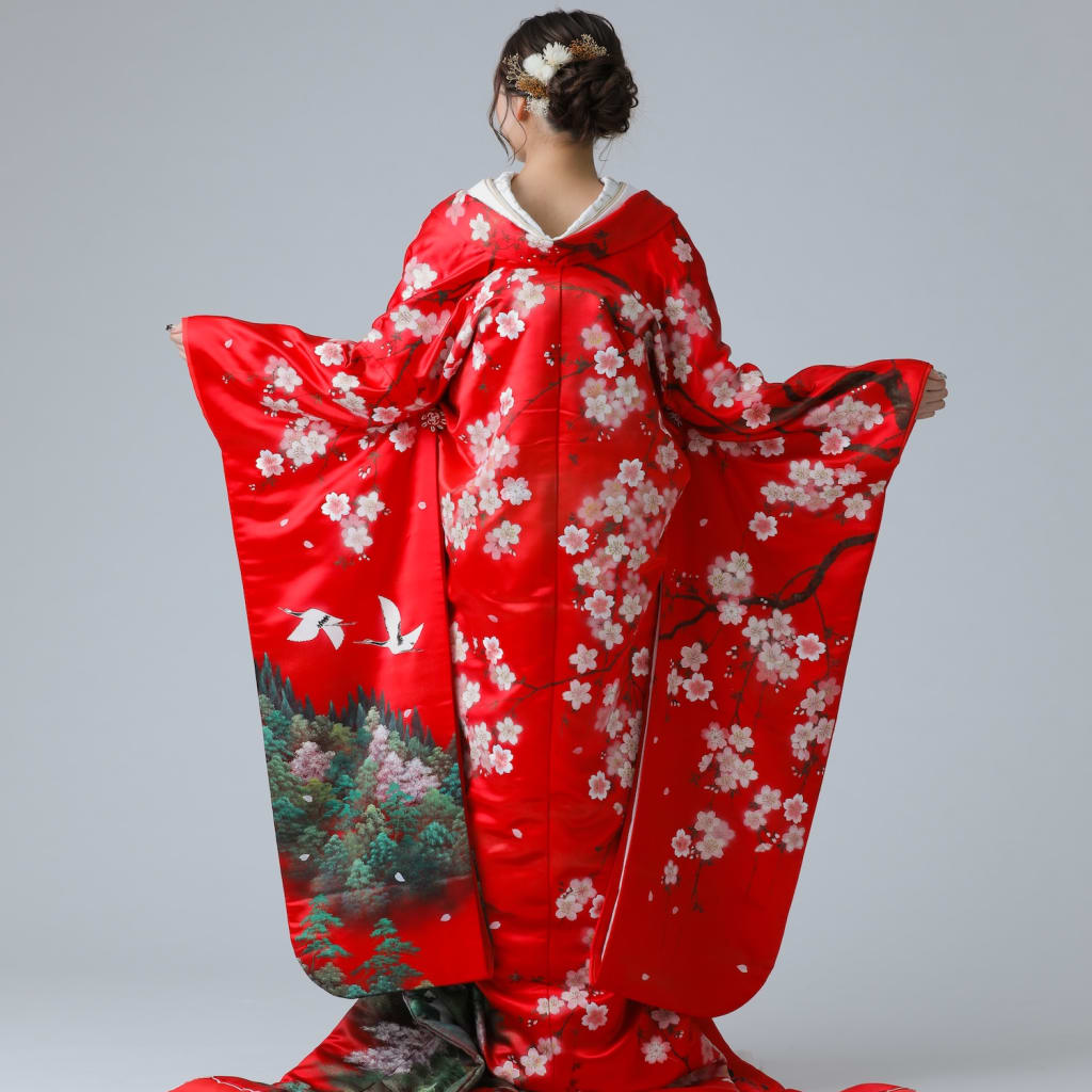 赤　桜に鶴　裾に緑