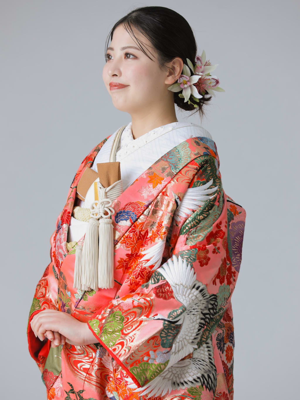 ピンクに黒ぼかし　鶴