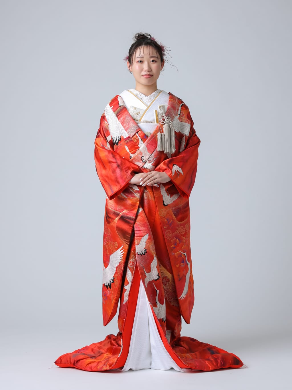 色打掛 赤 鶴と花の刺繍 色打掛 赤 鶴と花の刺繍