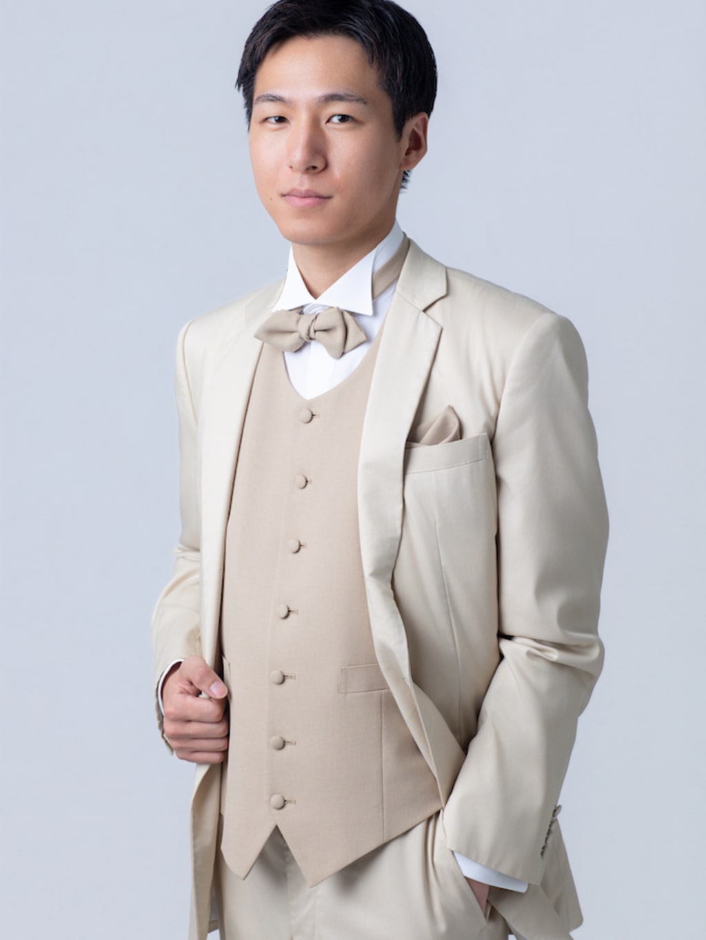 ノッチドラペル丸首ベストタキシード/ベージュ