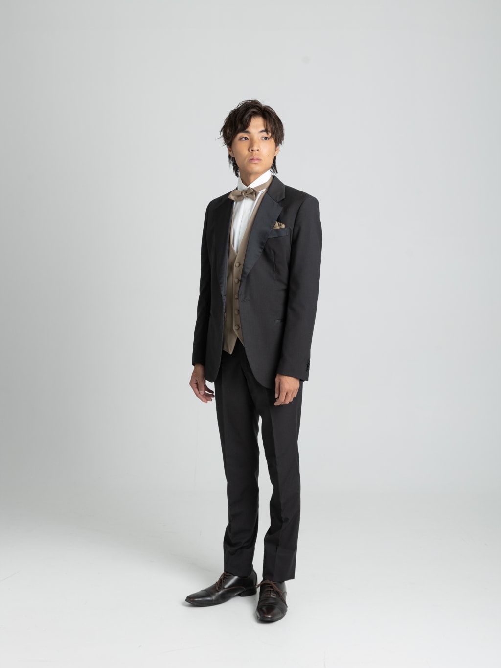 サテンノッチドラペルブラウンベスト/チャコール