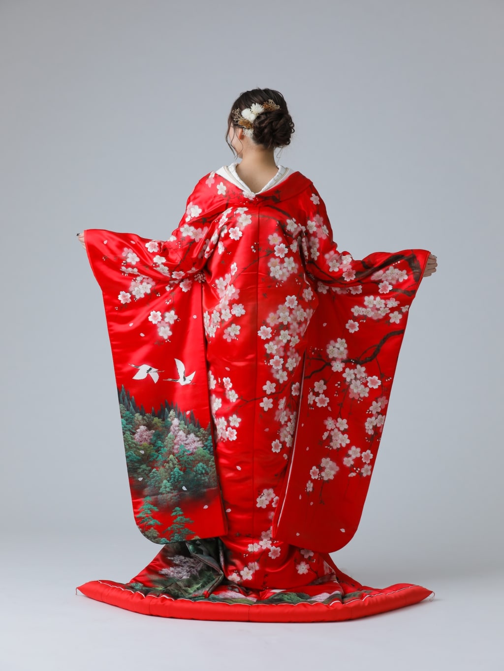 赤　桜に鶴　裾に緑