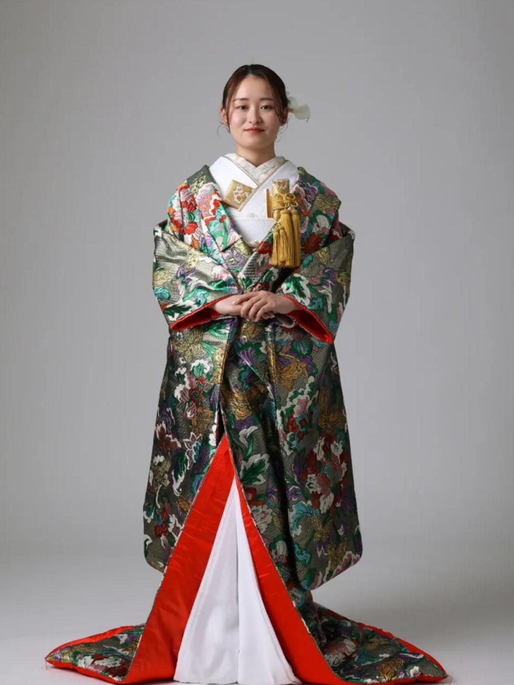 豪華ラインストーン鶴　金ラメ色打掛　婚礼衣装　和装着物　花嫁衣装　大振袖　結婚式 色打掛レンタル 紋付きセット 結婚式 iu026 花嫁 着物レンタル