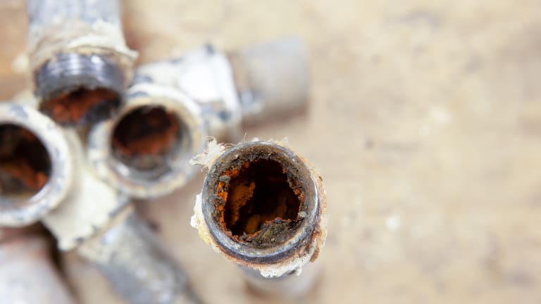 A clogged and corroded galvanized pipe