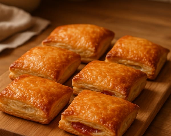 Des rissoles savoyardes sur une planche en bois avec de la confiture de poire qui coule légèrement du bord de certaine