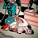 Vintage comics. Wonder Woman tied up and gagged on the floor, unconcious.