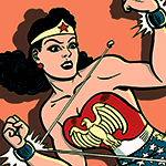 Vintage comic image, showing Wonder Woman deviating bullets with her bracelets.
