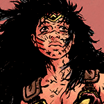 Wonder Woman: Dead Earth. Diana looks ahead after proposing taking the survivors of the apocalypse with her to Themyscira. Her face is even more scrapped after a fight.