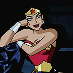 Diana leaning over a Gargoyle, smiling and teasing Bruce (from the Justice League animated show).