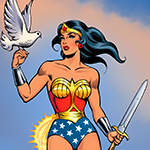 Diana appears in her classic costume, holding a sword on her left hand, and a dove (symbol of peace) in the right one.