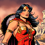 Diana in a power pose, shield on her back. Behind her there's a castle, and the image has certain medieval knight feel to it.