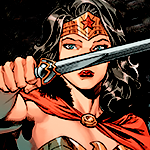 Diana holds a new sword in front of her face.