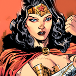 Diana in a power pose, serious, showing her new bracelets.