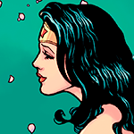 Diana's profile. She has a tender smiling and behind her flor petals are falling.