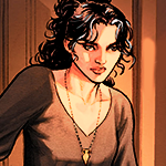 Diana in casual clothes, with curly hair in a high ponytail, entering Circe's apartment.