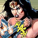Diana with her arms crossed in front of her so that her bracelets protect her during the fight against Silver Swan. She has an angry scowl in her face, and the image has a classic comic onomatopoeia saying "Klash".