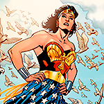 Diana stands in a power pose, with her hands on her hips. A flock of doves is seen behind her.