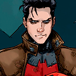 DC Comics. Jason as Red Hood, with his helmet off in his hand. He has a red bat on his chest and is smirking.