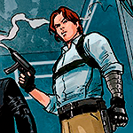 Bucky with a harness over his chest, in civilian clothes, holding a smoking gun.